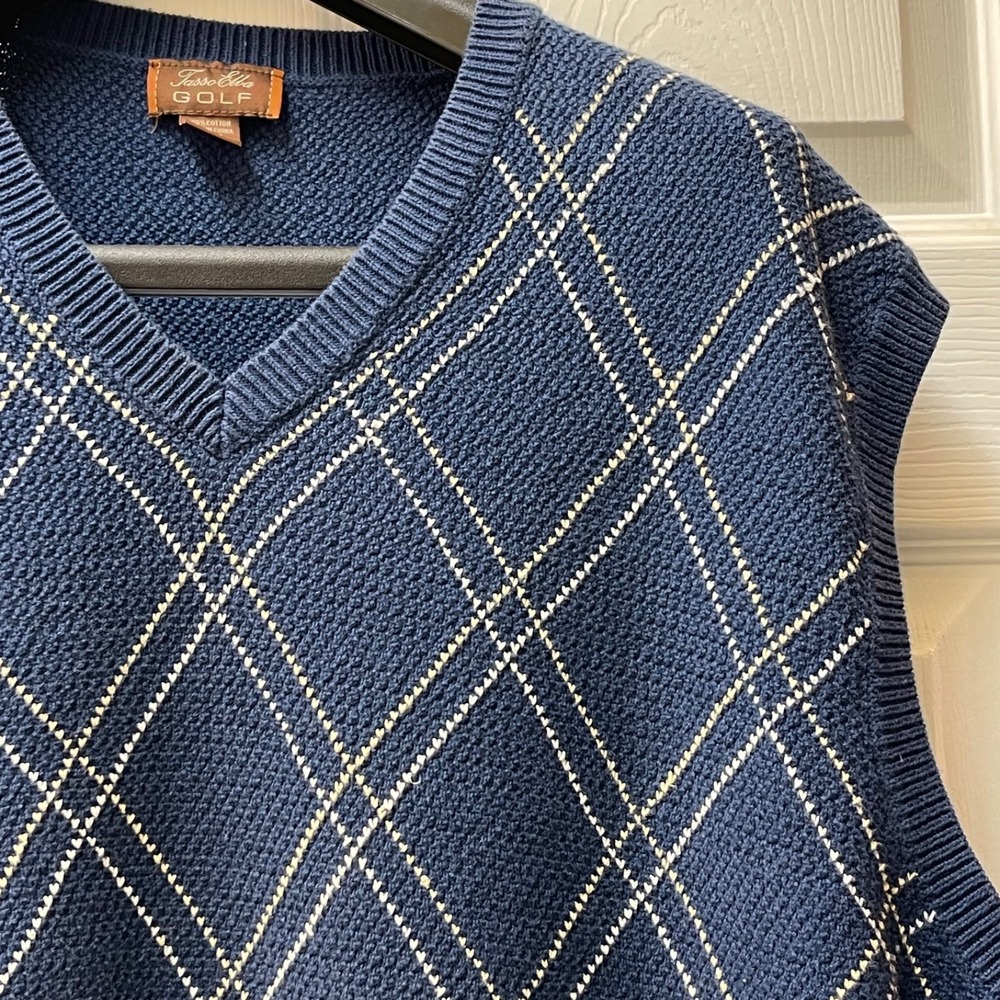Vintage Tasso Elba Golf Men's XL Navy Argyle V-Neck Sweater Vest Pullover